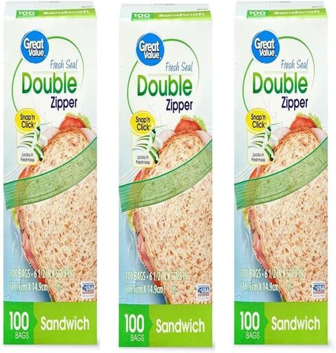 Great Value Double Pinch & Seal Zipper Food Storage Bags, Sandwich (3 Pack)