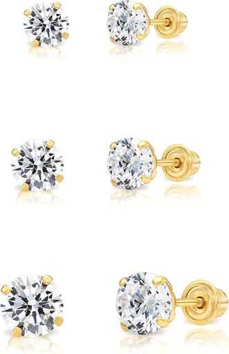14k Yellow Gold Cubic Zirconia Stud 3-Pair Set
