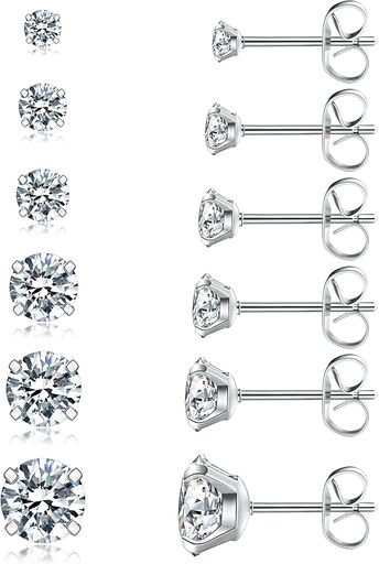 6 Pairs Stud Earrings Set - Hypoallergenic CZ Stainless Steel