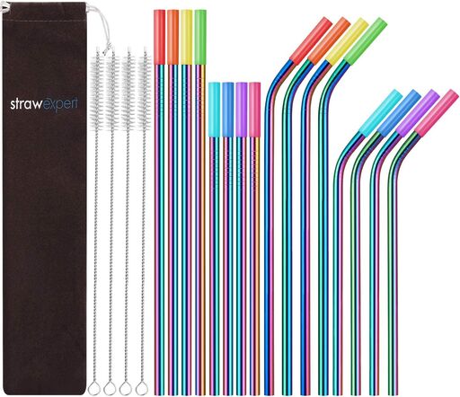 16-Pack Rainbow Reusable Metal Straws with Silicone Tips
