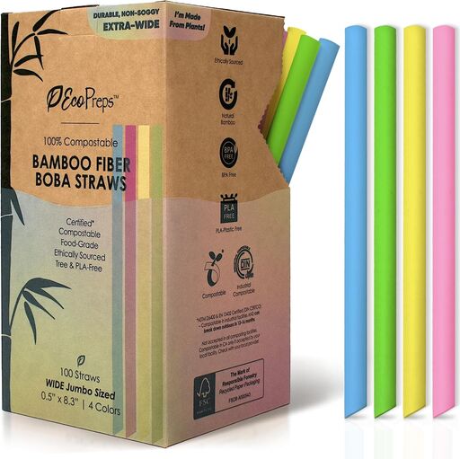 EcoPreps Colorful Biodegradable Bamboo Smoothie Straws