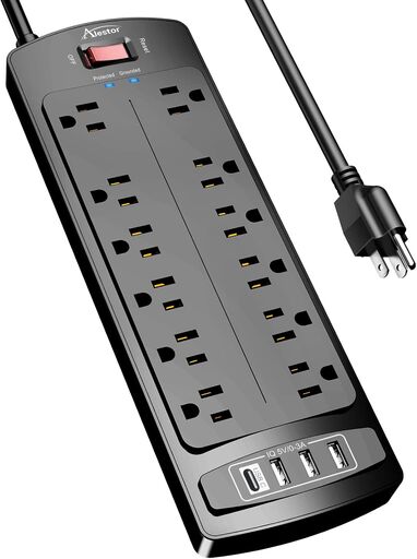 ALESTOR Surge Protector with 12 Outlets and 4 USB Ports