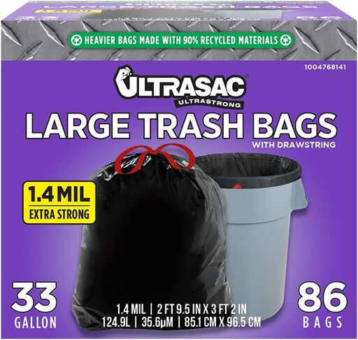Ultrasac Black Large Heavy Duty Drawstring Trash Bags 33 Gallon