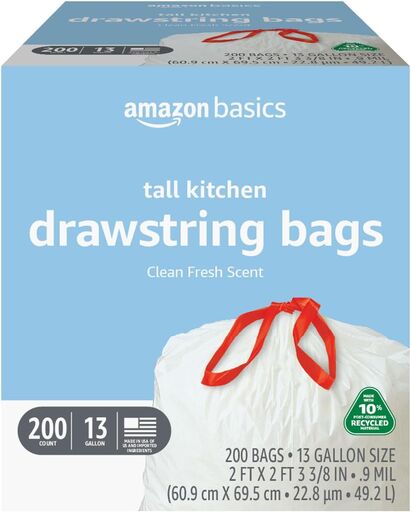 Amazon Basics 13 Gallon Tall Kitchen Drawstring Trash Bags